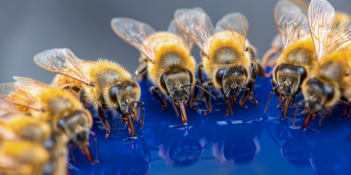 Bumble bees drinking water in a garden